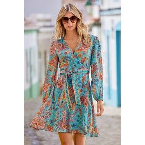 Boston Proper Satin Viscose Blue Floral Paisley Sequin Belted Wrap Dress EUC M